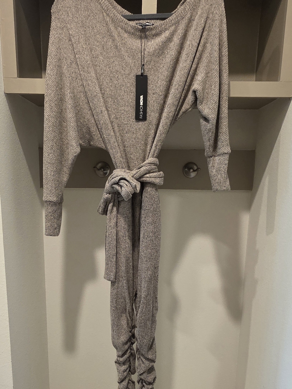 Fashion Nova Taupe Off-the-Shoulder Tie-Waist Ribbed Sweater